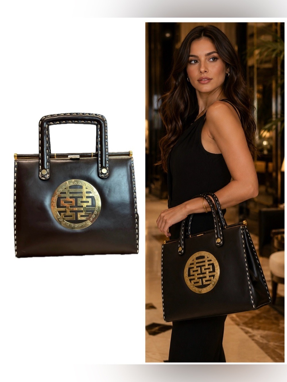 1960'S DOUBLE HAPPINESS TOP HANDLE BAG CHINESE MEDALLION Dark brown gold vintage